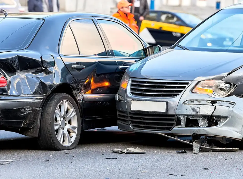 Car crash accident on street. Damaged automobiles