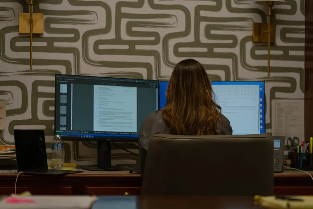 Woman sitting at a desk looking at the computer
