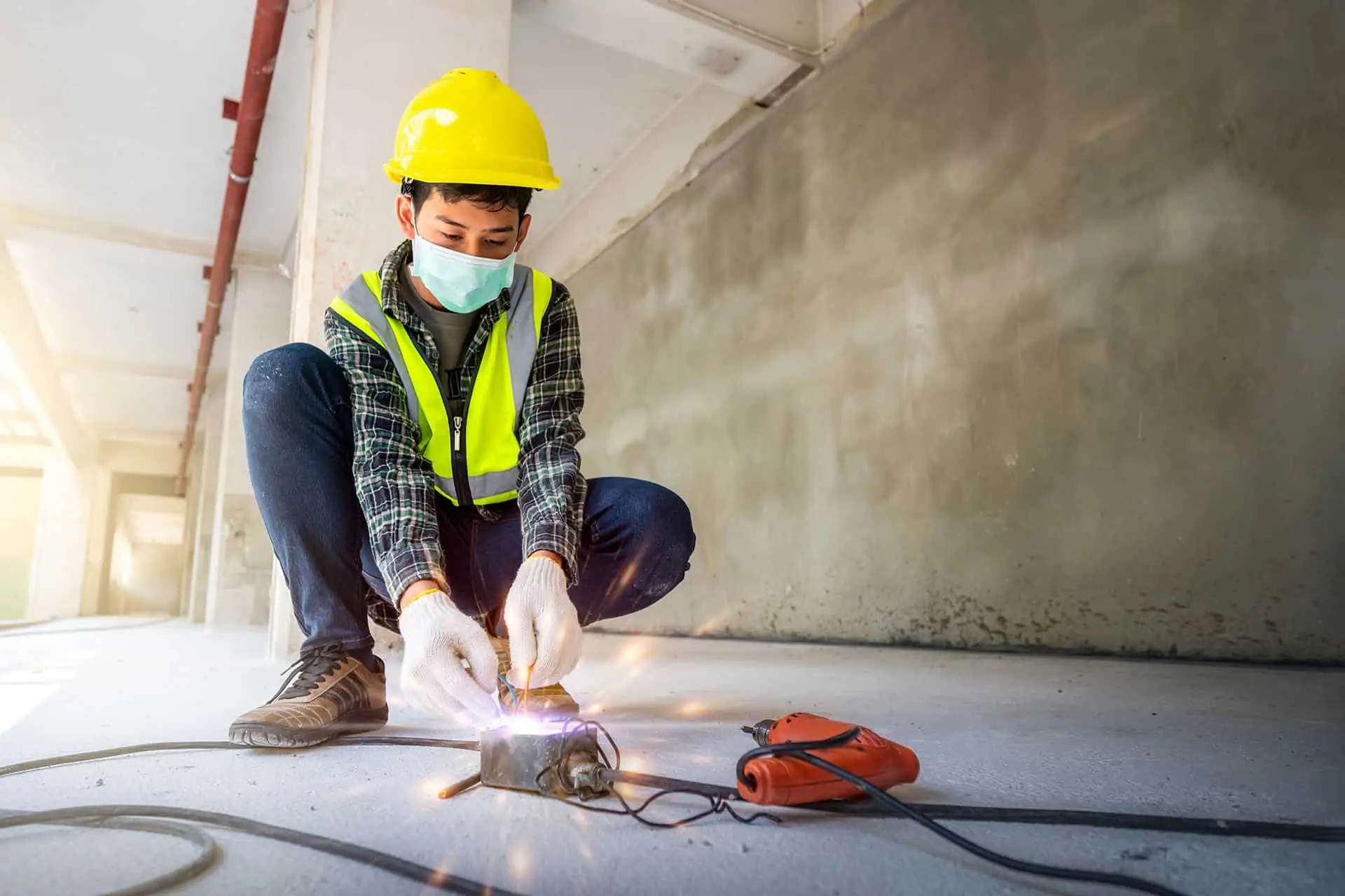 Construction workers carelessly connect wires causing unconscious electric shocks.