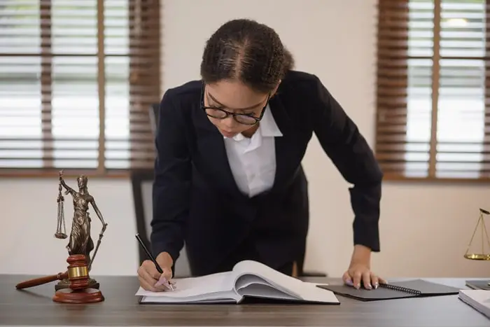 Lawyers discussing contract or business agreement at law firm office