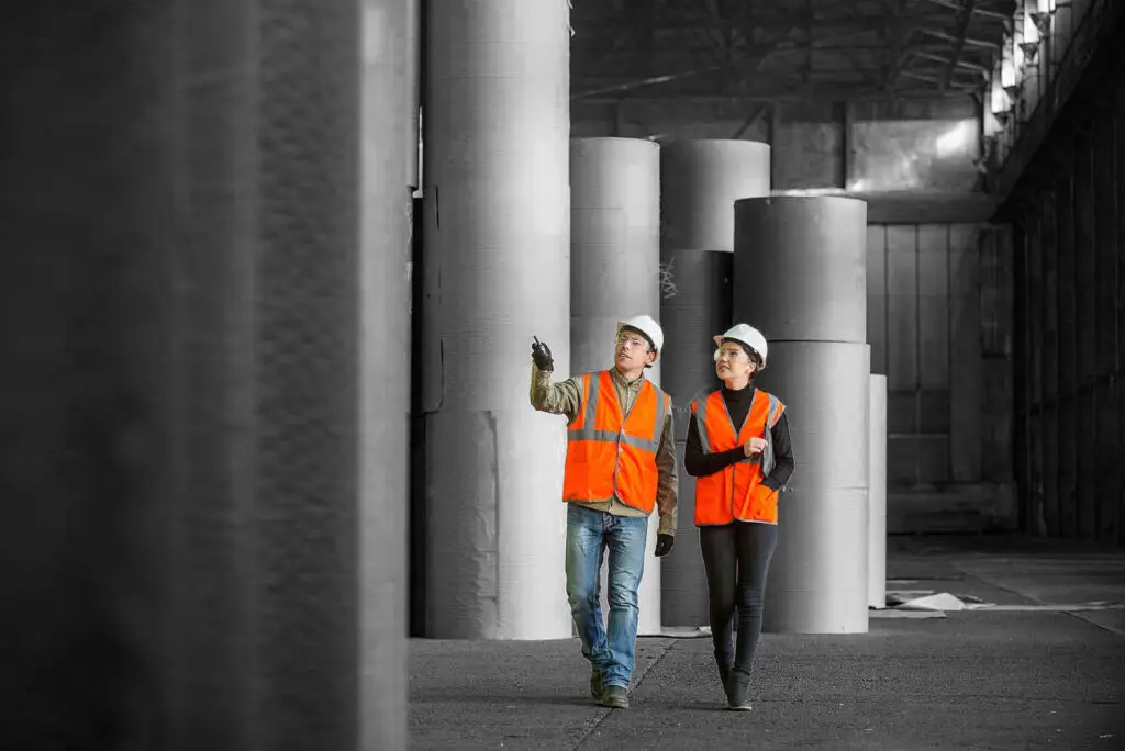 Paper mill factory workers walking between paper rolls