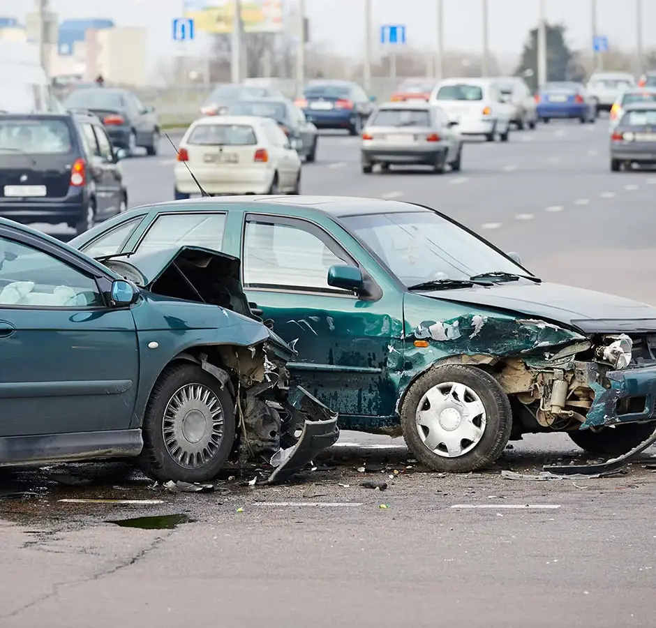 Car crash accident on street, damaged automobiles after collision in city