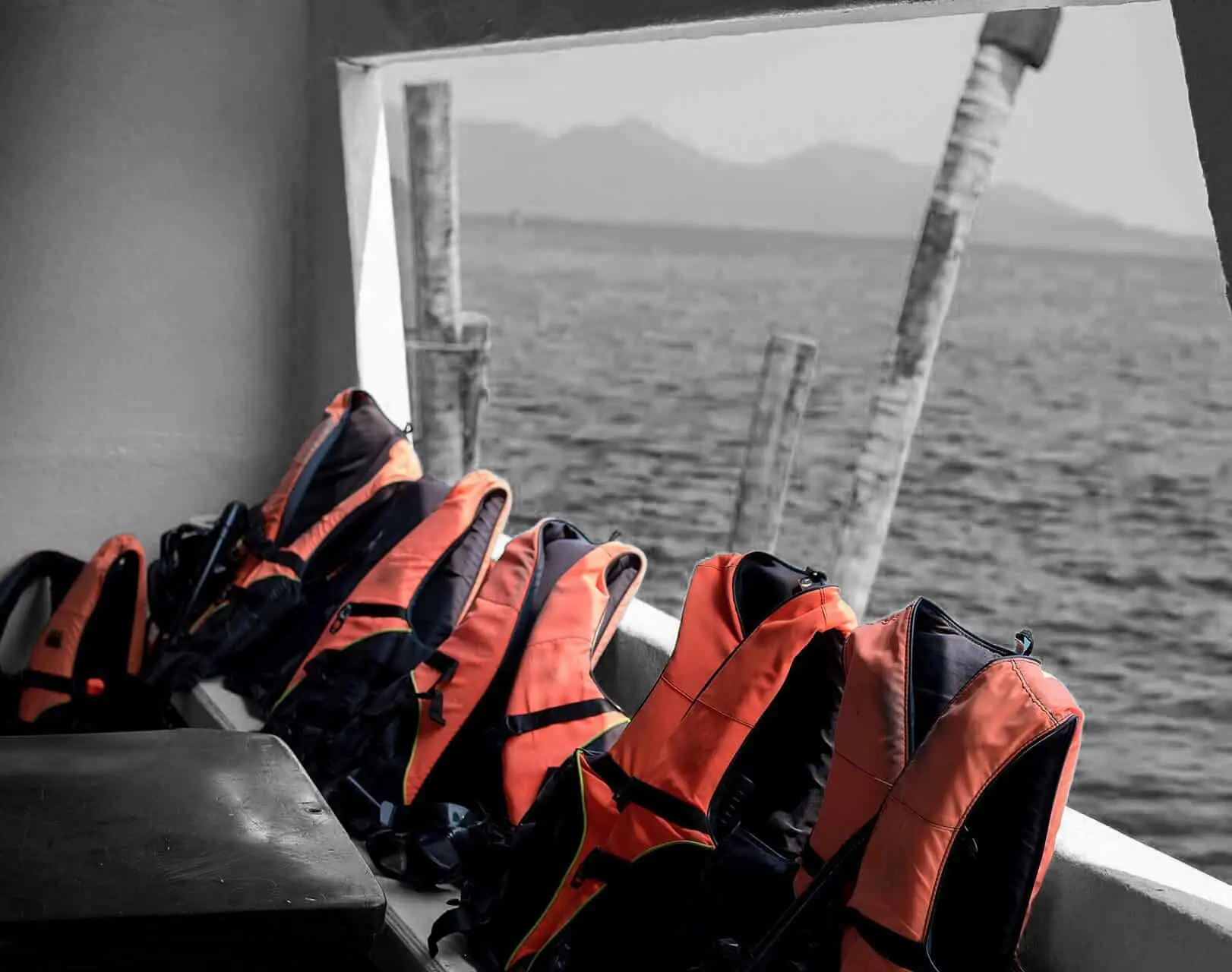 Life jackets lined up on a vessel rail overlooking open water