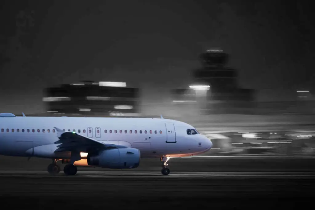 Airplane during take off on airport runway at night against air traffic control tower.