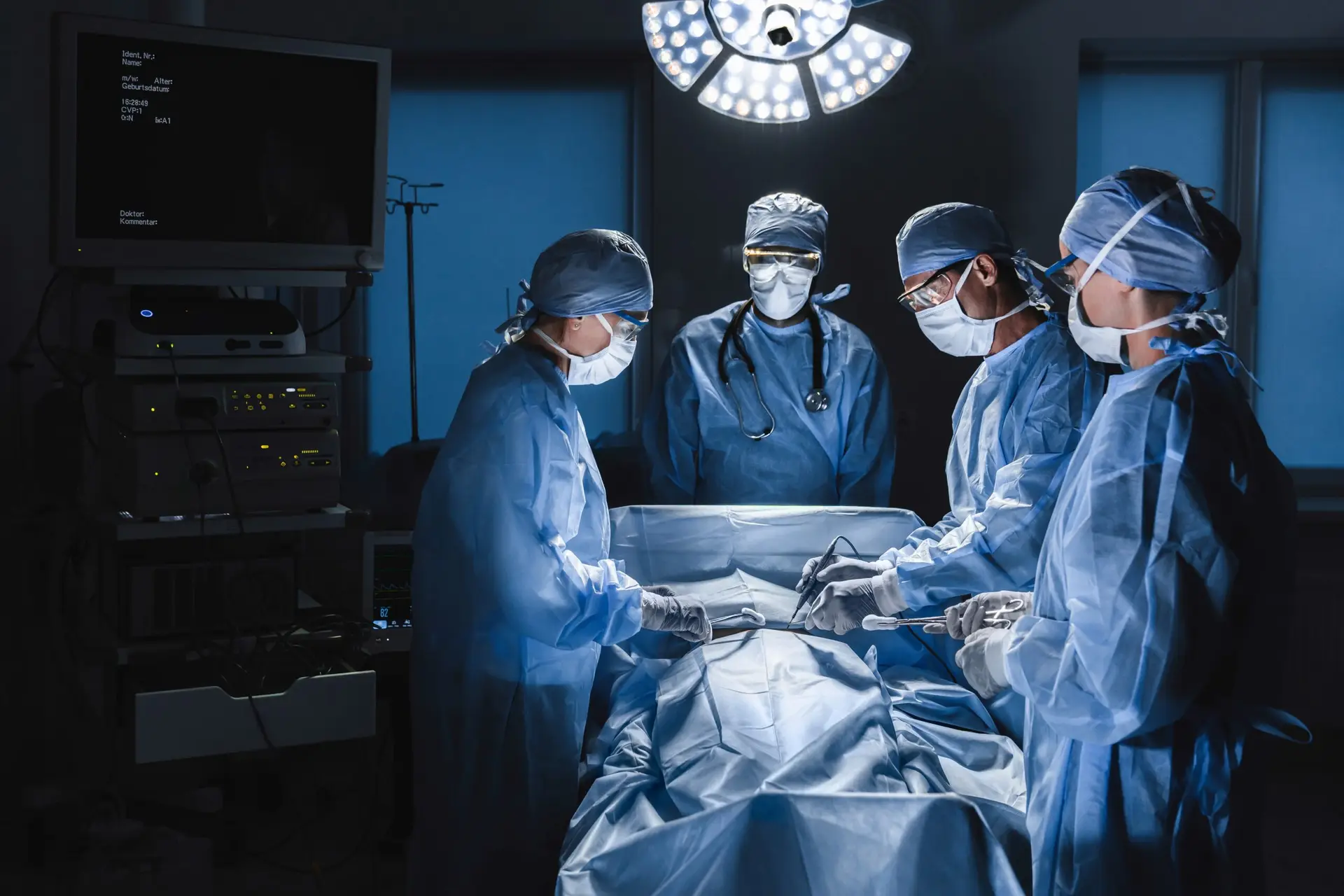Surgeons performing surgery on patient