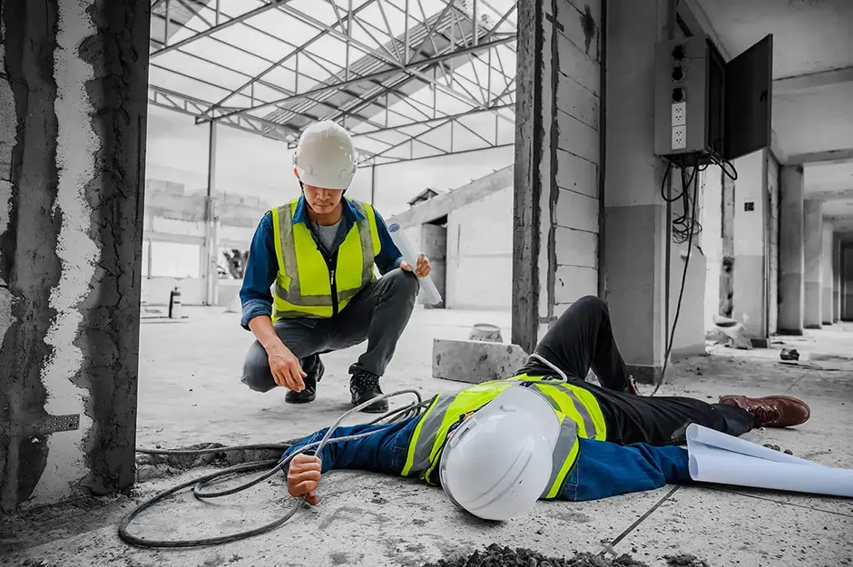 Accident at work, an asian engineer or electrician is electrocuted to the ground.