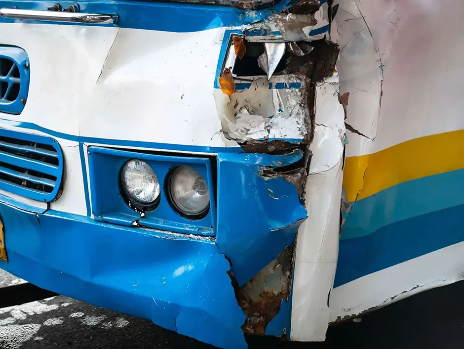 Damaged bus from the accident