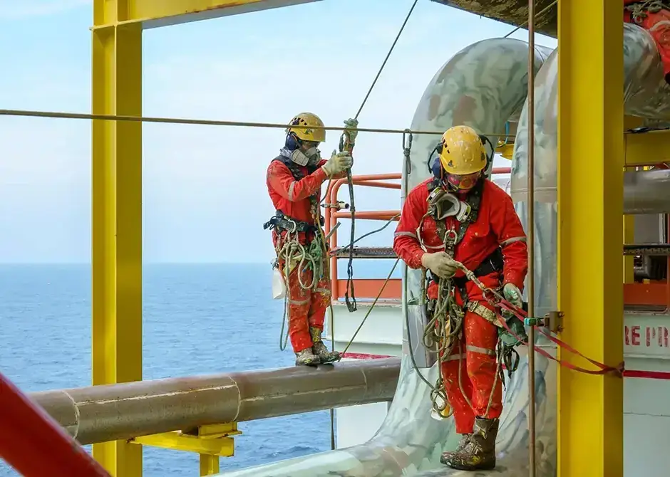 A group of abseilers wearing red coverall and personal protective equipment