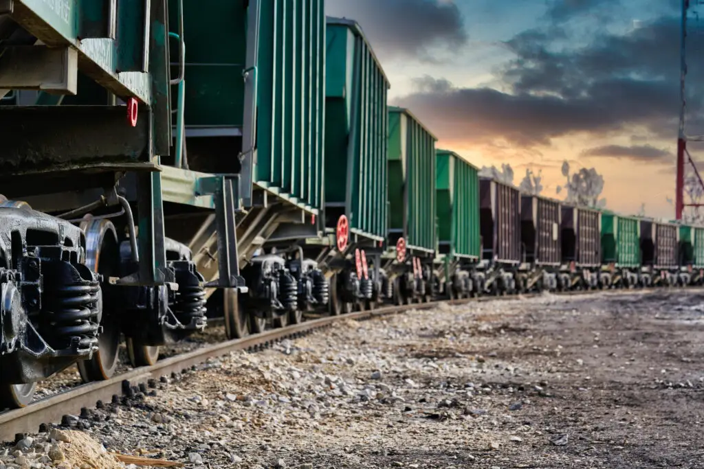 Freight train rolling down the tracks under load